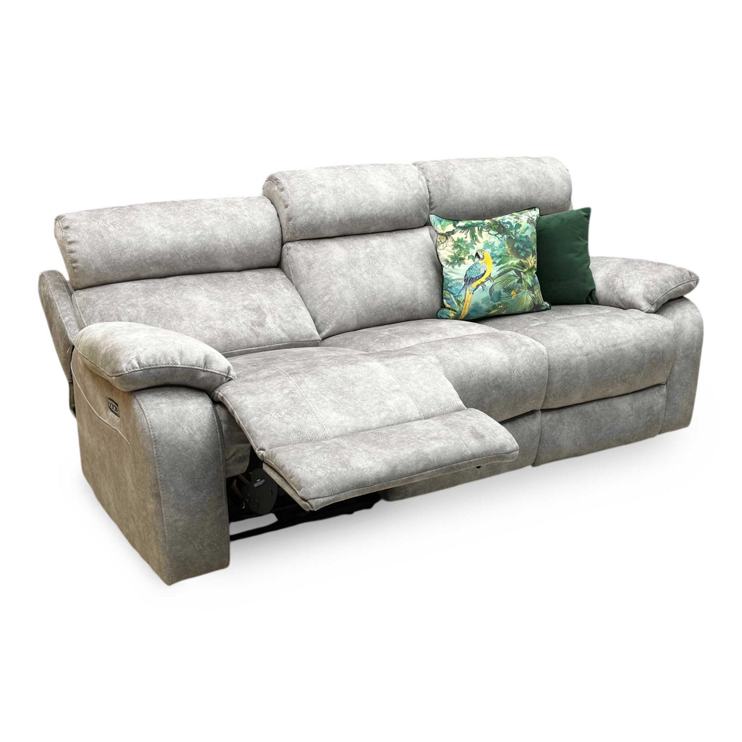 Full view of the Moreno 3-seater power recliner sofa in grey fabric, featuring a contemporary high-back profile, padded lumbar support, and sleek tailored armrests.