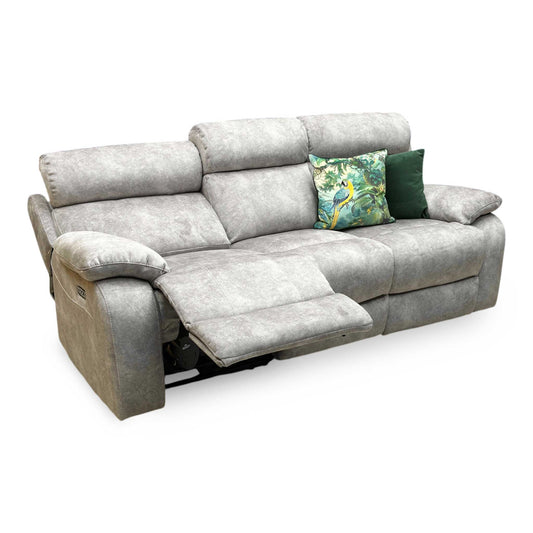 Full view of the Moreno 3-seater power recliner sofa in grey fabric, featuring a contemporary high-back profile, padded lumbar support, and sleek tailored armrests.