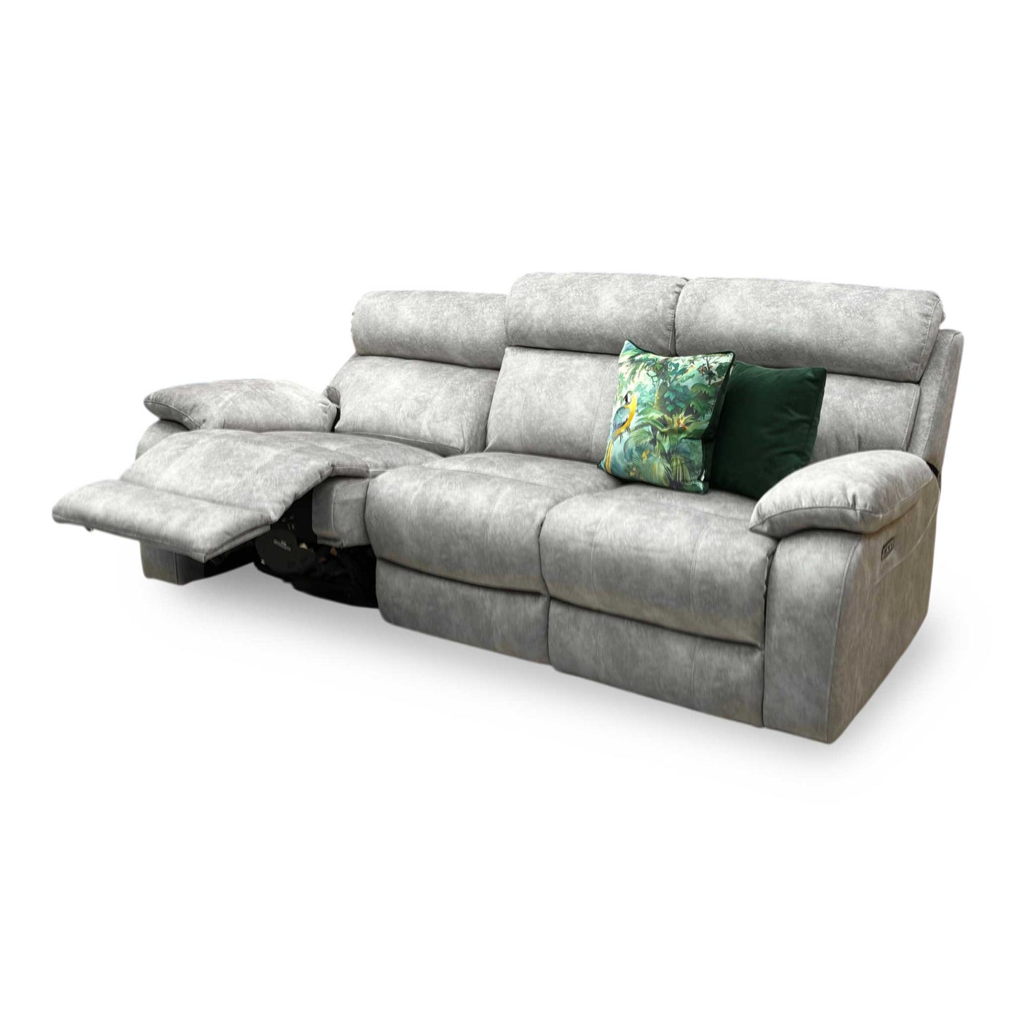 Side view of the Moreno fabric power recliner sofa frame, illustrating the supportive armrest padding thickness and the backrest wall clearance required for full extension.