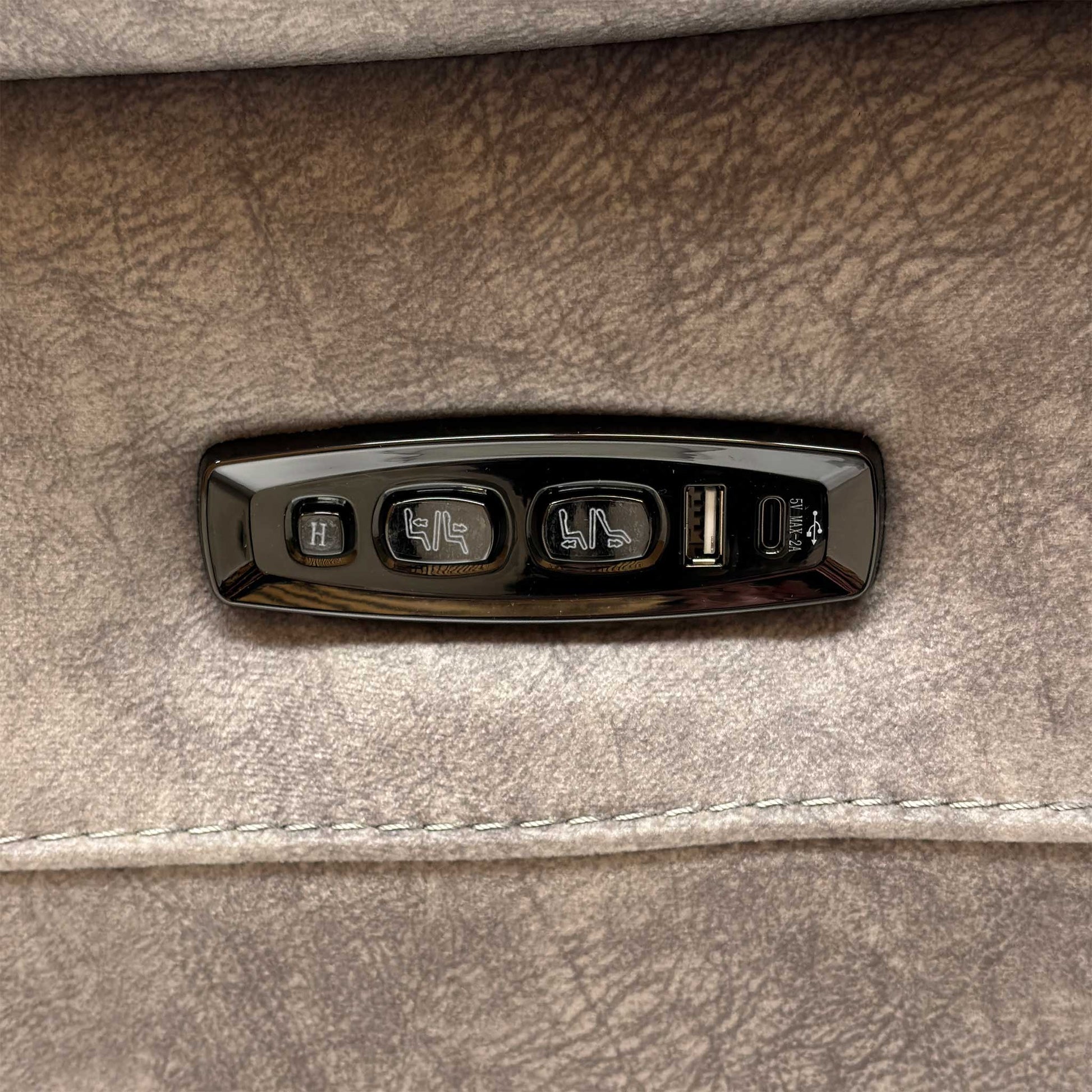 Close up view of the Moreno BFA-BNN-R28 grey fabric upholstery, showcasing the high-quality woven textile texture, durable seams, and side control switches with an integrated USB charging port.