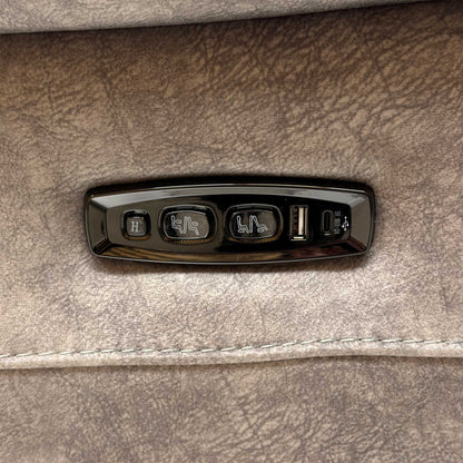 Close up view of the Moreno BFA-BNN-R28 grey fabric upholstery, showcasing the high-quality woven textile texture, durable seams, and side control switches with an integrated USB charging port.