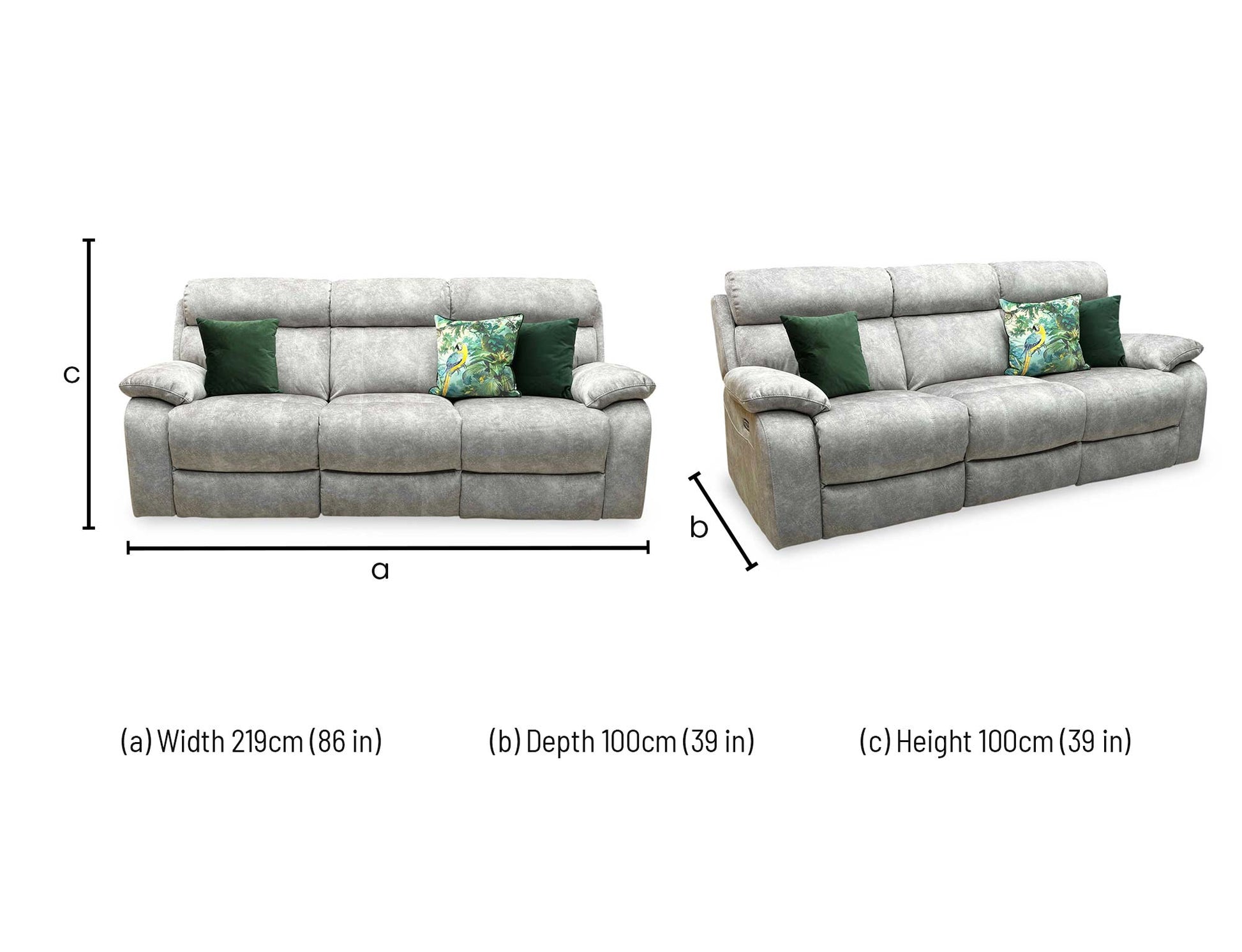 Technical dimension graphic for the Moreno 3-seater power recliner fabric sofa, indicating precise total frame width, overall height, seating depth, and fully extended length.
