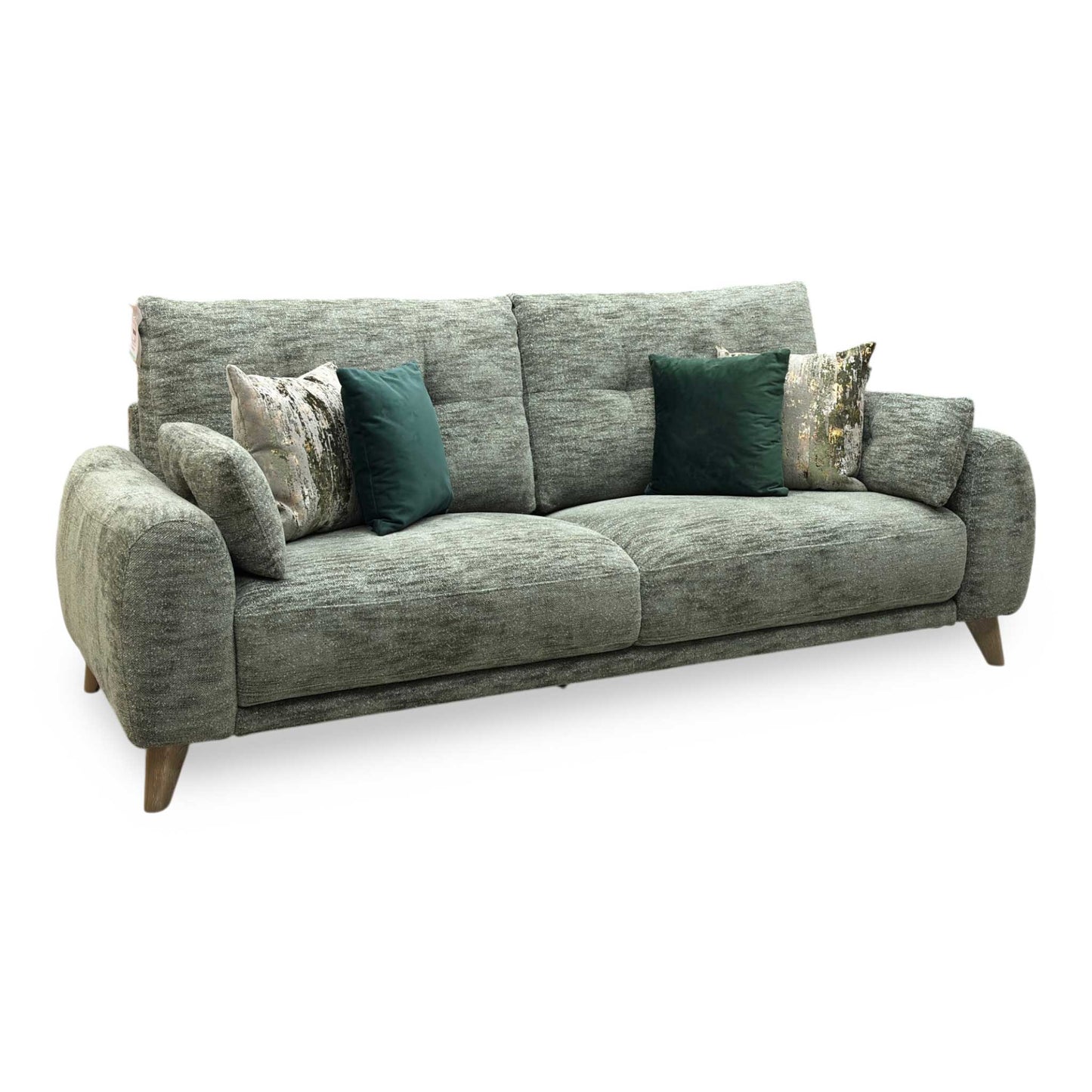 Full view of the Malmo 3-seater sofa in olive green fabric, showcasing its clean Scandinavian-inspired design, tailored bench seating, and tapered wooden legs.