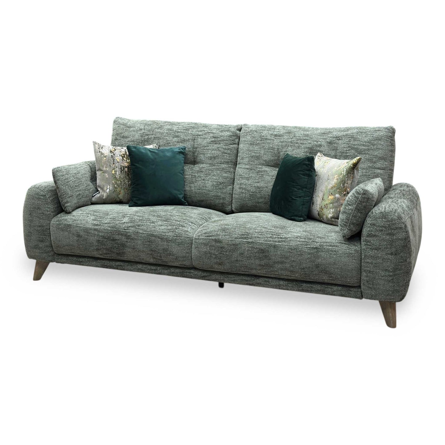 Side view of the Malmo fabric 3-seater sofa frame, illustrating the slight backrest rake, floor clearance height, and compact apartment-friendly depth.