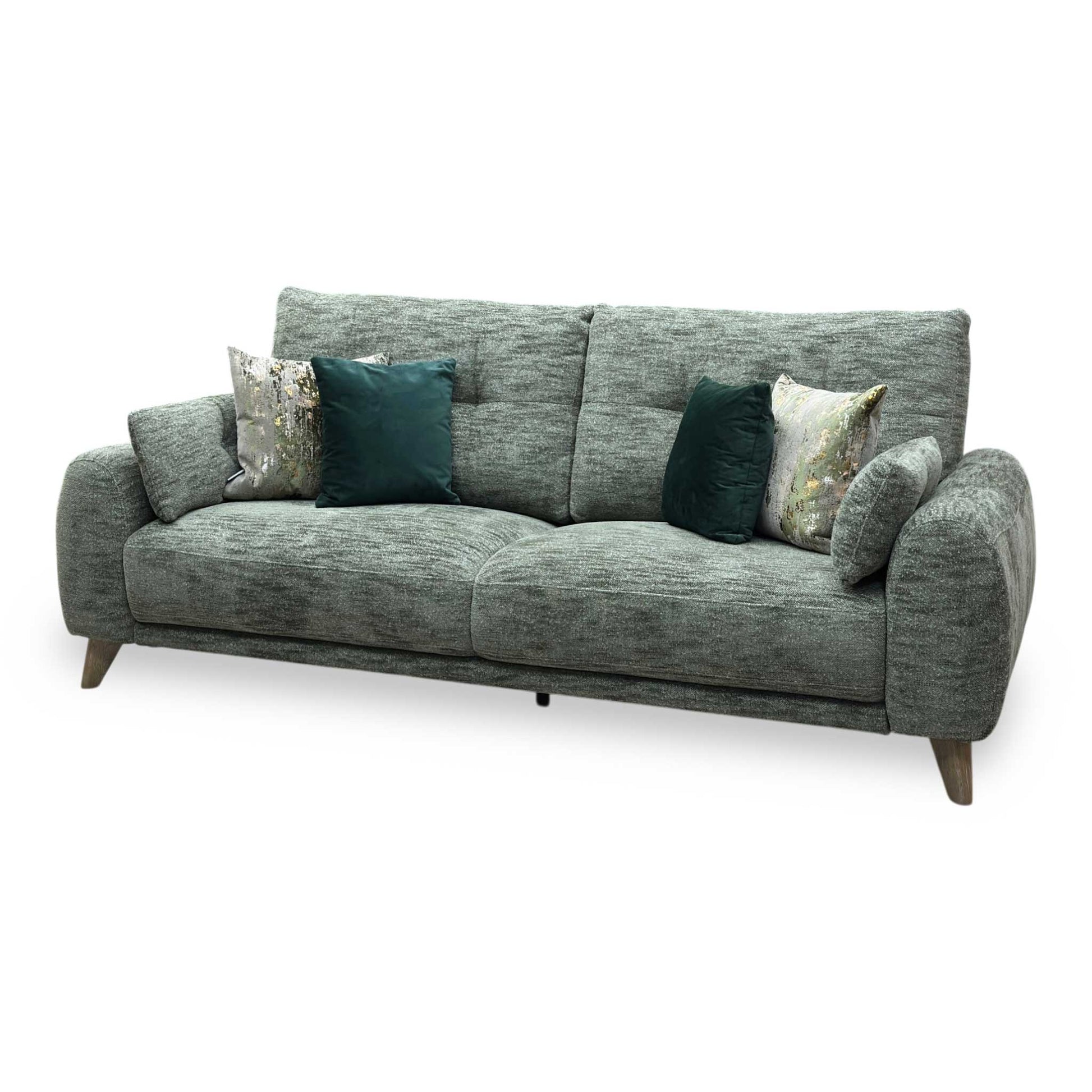 Side view of the Malmo fabric 3-seater sofa frame, illustrating the slight backrest rake, floor clearance height, and compact apartment-friendly depth.