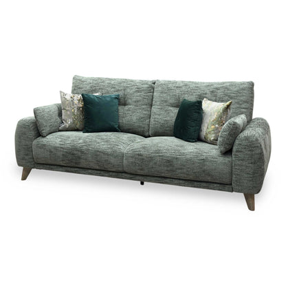 Side view of the Malmo fabric 3-seater sofa frame, illustrating the slight backrest rake, floor clearance height, and compact apartment-friendly depth.