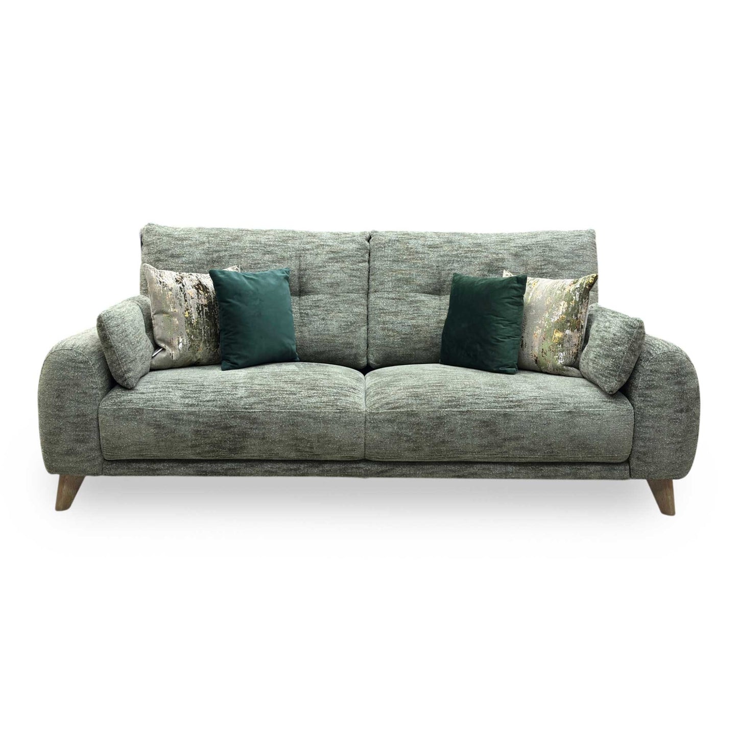Front view of the Malmo 3-seater sofa in olive green fabric, showcasing its clean Scandinavian-inspired design, tailored bench seating, and tapered wooden legs.