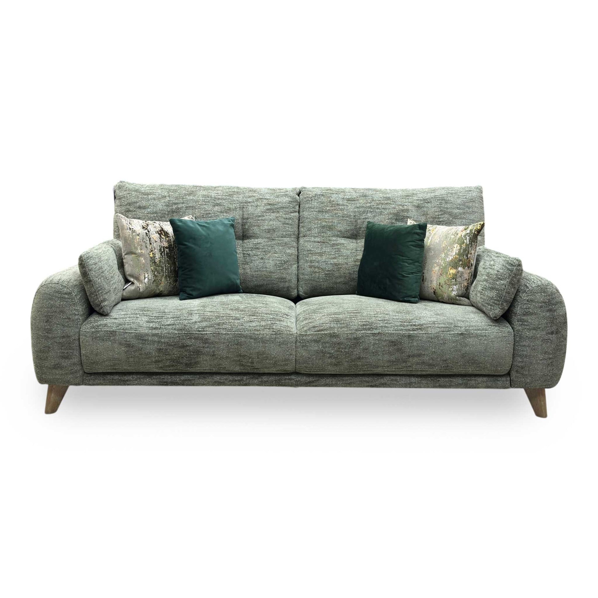 Front view of the Malmo 3-seater sofa in olive green fabric, showcasing its clean Scandinavian-inspired design, tailored bench seating, and tapered wooden legs.