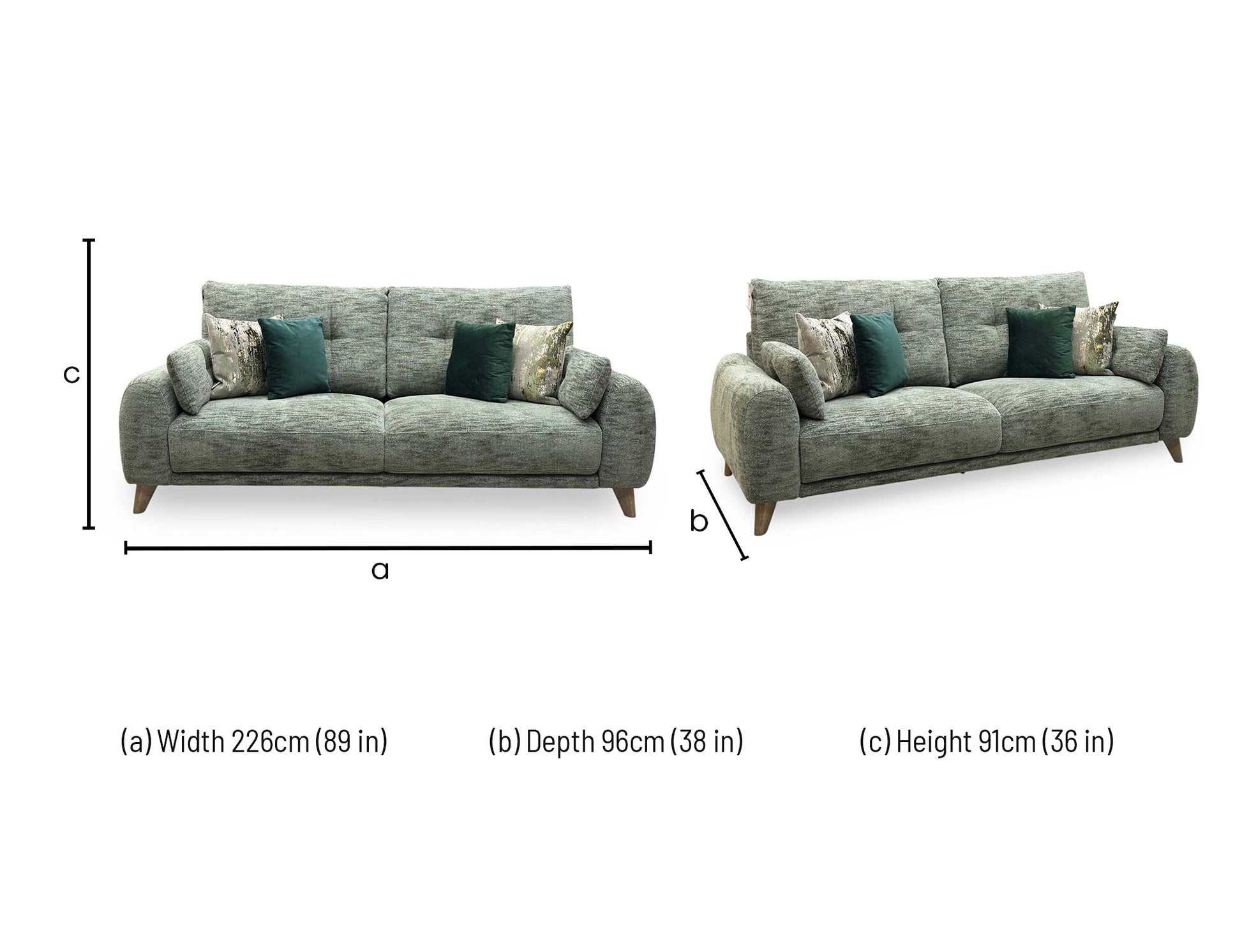Technical dimension graphic for the Malmo 3-seater fabric sofa, indicating precise total frame width, overall height, cushion depth, and floor clearance.