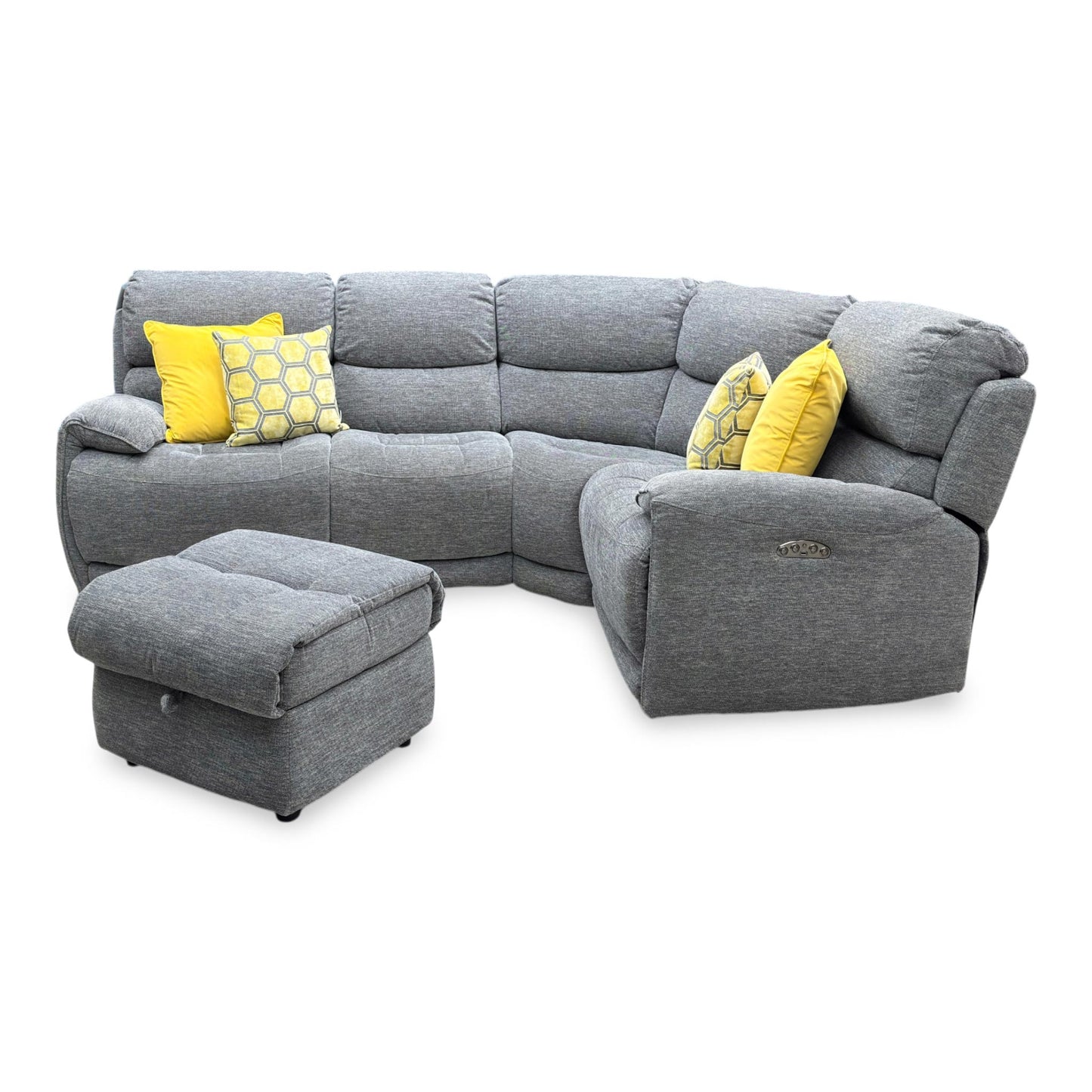 Side profile view of the Link corner sofa frame, illustrating the clean armrest padding, deep seating contours, and structural clearance needed for full reclining.