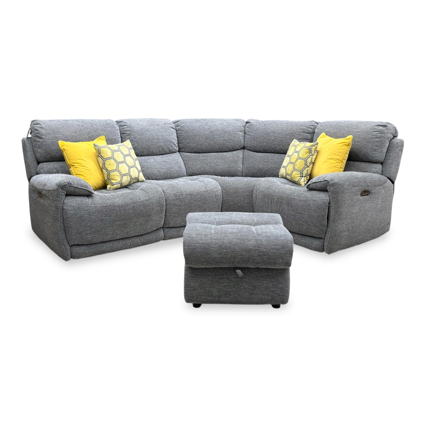 Full view of the Link right-hand facing corner sofa in charcoal grey fabric, showcasing its spacious sectional layout, power recliner seat, adjustable headrests, and matching footstool.