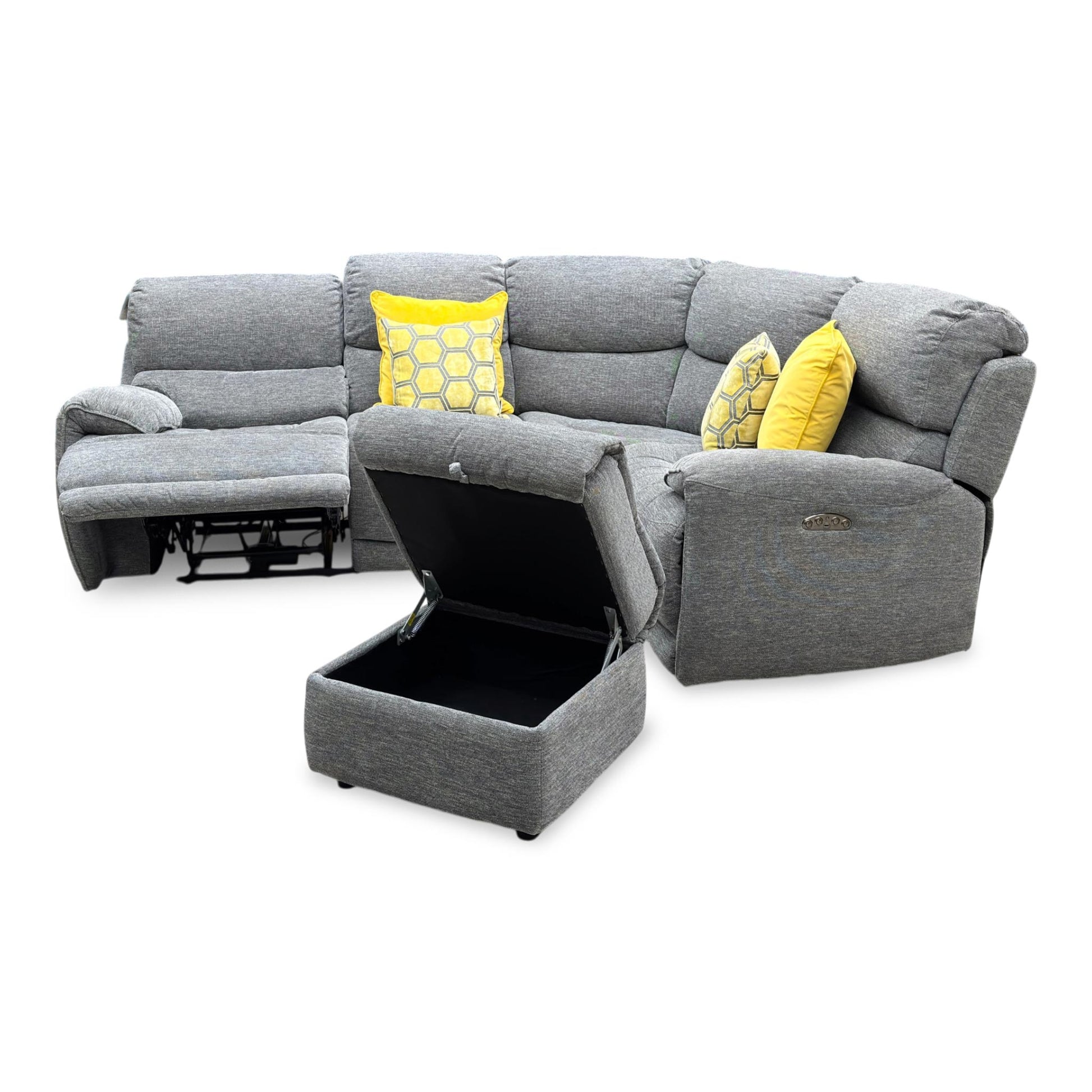 Side profile view of the Link corner sofa frame, illustrating the clean armrest padding, deep seating contours, and structural clearance needed for full reclining.