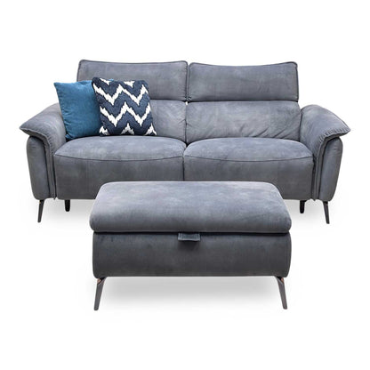 ‘Jude’ Dexter Shadow Charcoal Grey Velvet 3 Seater Power Recliner Sofa with Telescopic Headrests + Storage Footstool Furniture Village