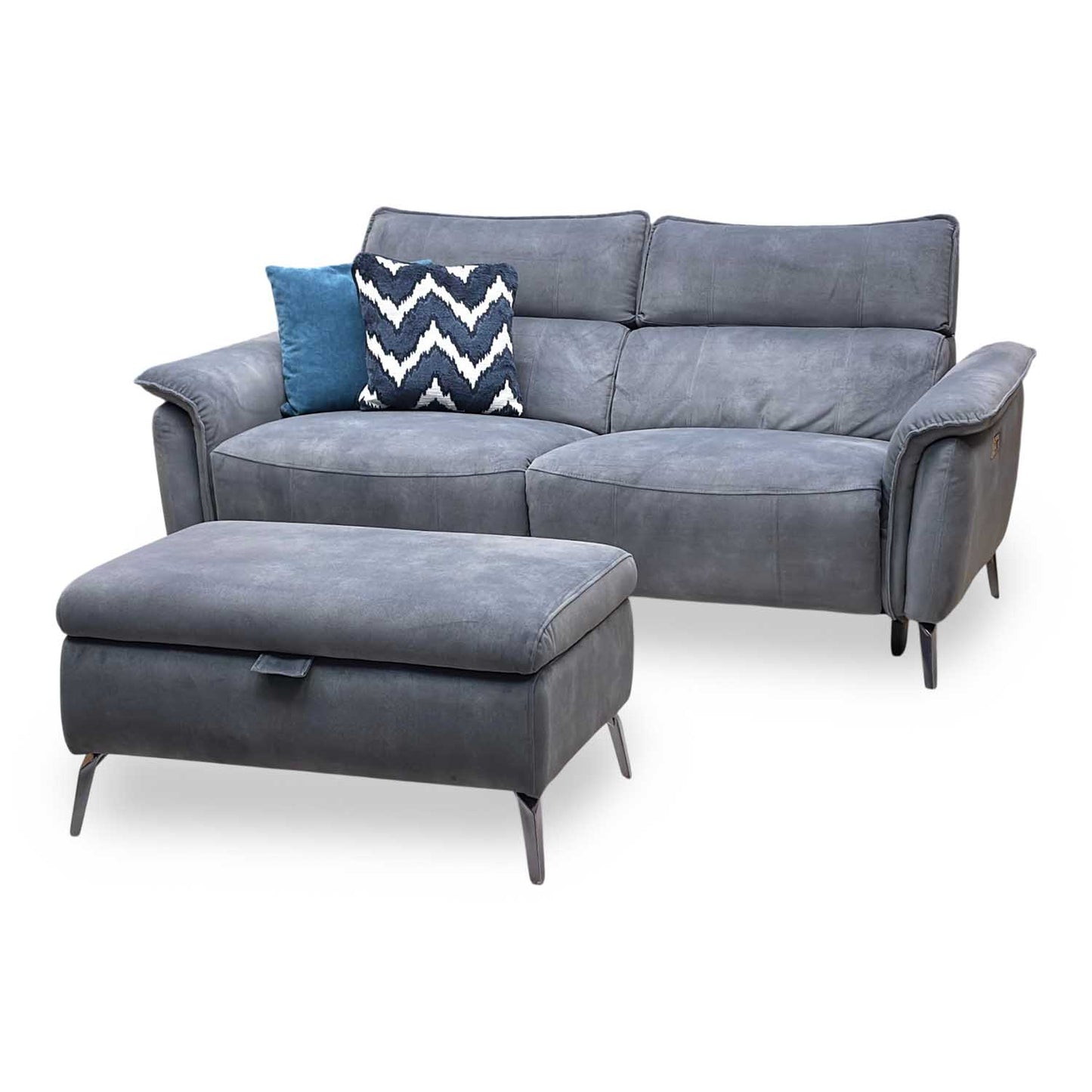 ‘Jude’ Dexter Shadow Charcoal Grey Velvet 3 Seater Power Recliner Sofa with Telescopic Headrests + Storage Footstool Furniture Village