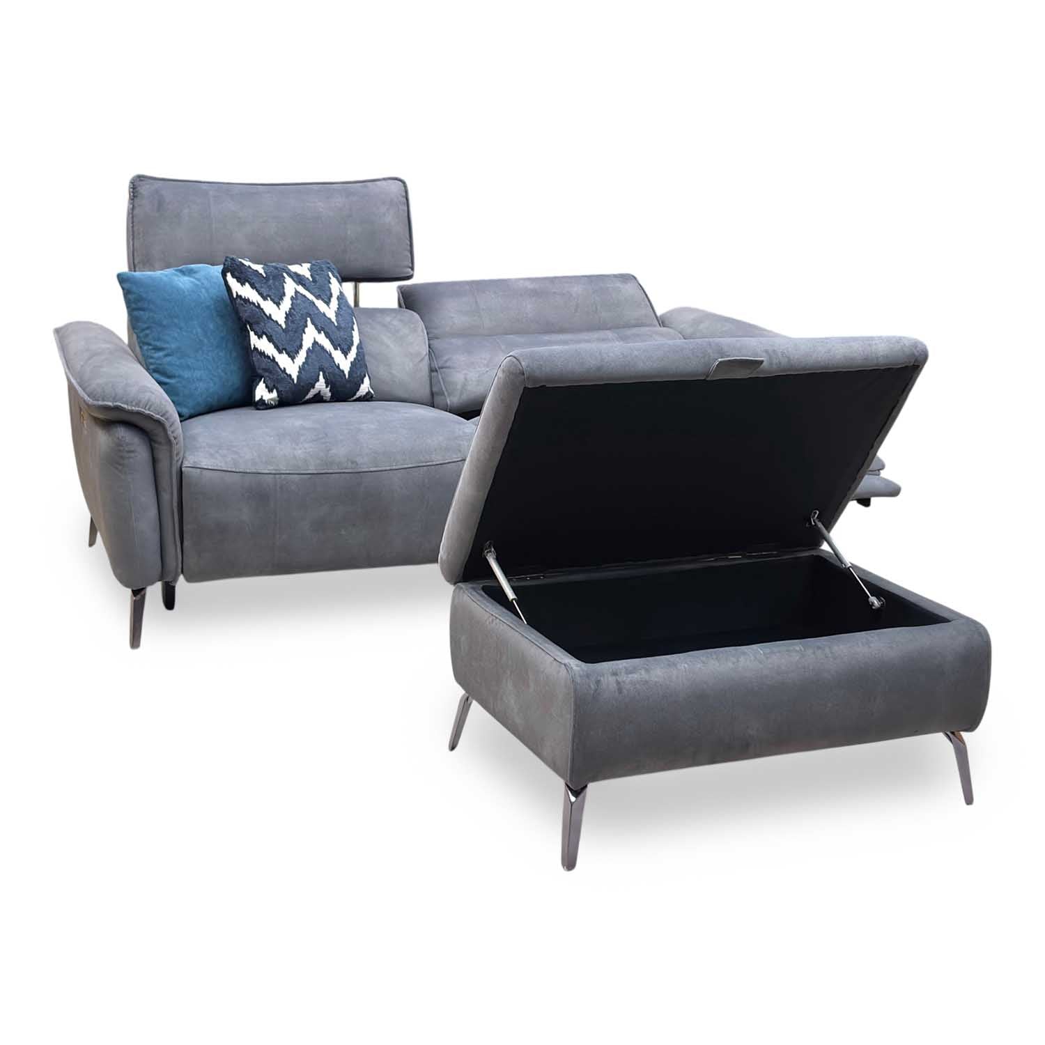 ‘Jude’ Dexter Shadow Charcoal Grey Velvet 3 Seater Power Recliner Sofa with Telescopic Headrests + Storage Footstool Furniture Village