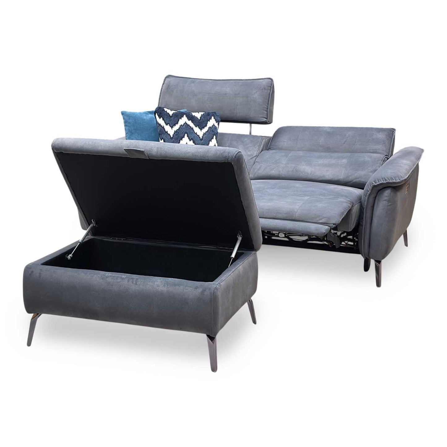 ‘Jude’ Dexter Shadow Charcoal Grey Velvet 3 Seater Power Recliner Sofa with Telescopic Headrests + Storage Footstool Furniture Village