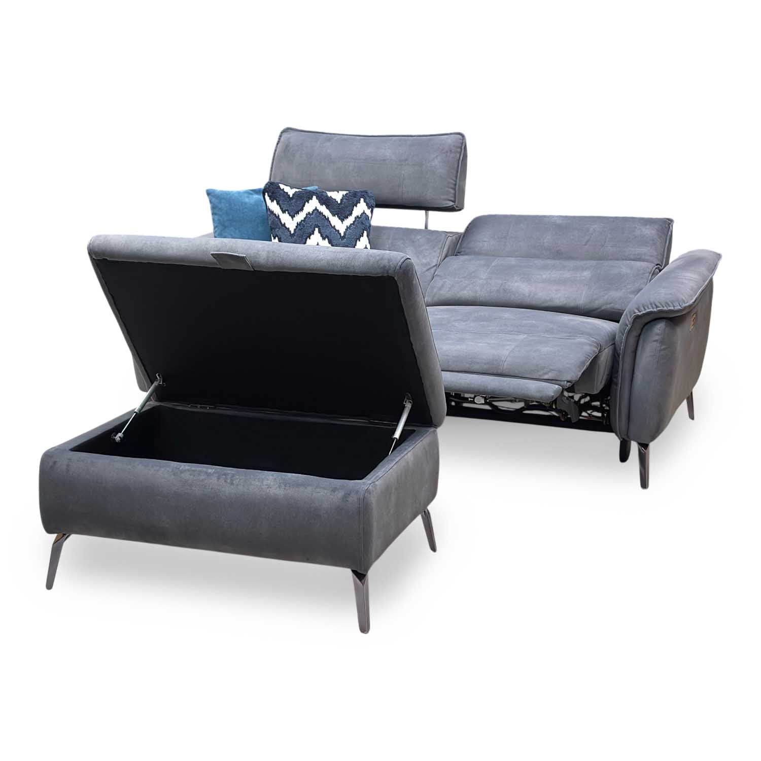 ‘Jude’ Dexter Shadow Charcoal Grey Velvet 3 Seater Power Recliner Sofa with Telescopic Headrests + Storage Footstool Furniture Village
