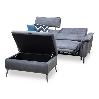‘Jude’ Dexter Shadow Charcoal Grey Velvet 3 Seater Power Recliner Sofa with Telescopic Headrests + Storage Footstool Furniture Village