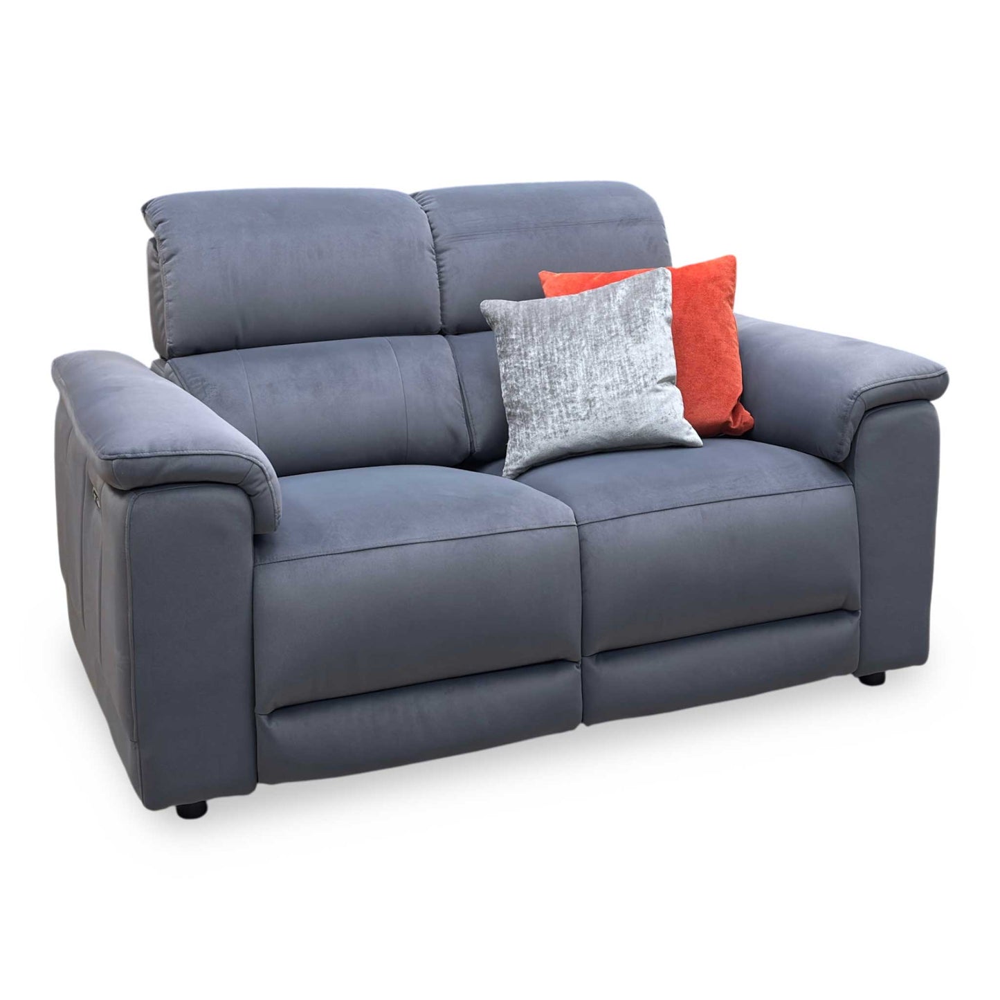 Side view of the Genius fabric power recliner sofa frame, illustrating the supportive armrest cushioning profile and the backrest wall clearance required for a full recline.