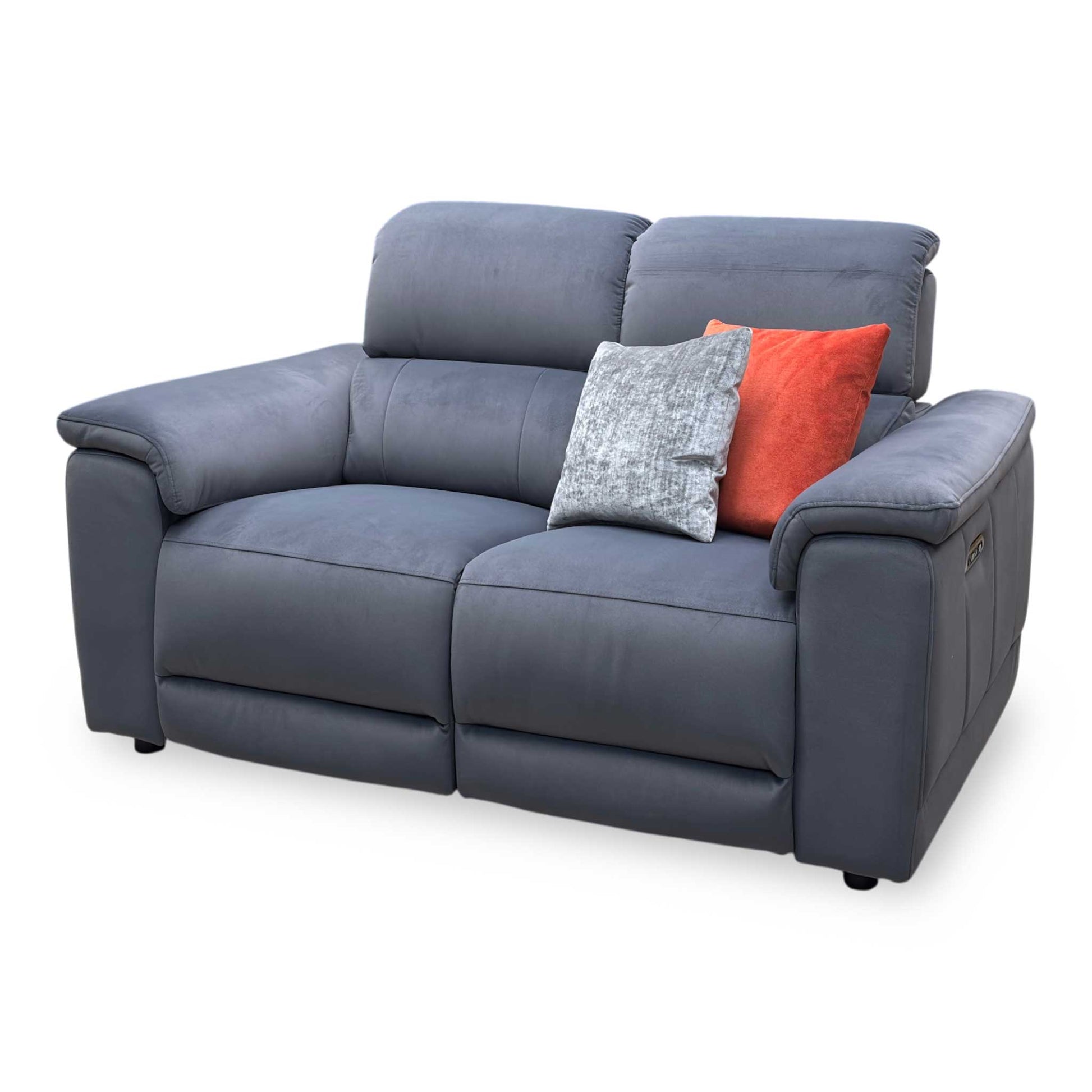 Side view of the Genius fabric power recliner sofa frame, illustrating the supportive armrest cushioning profile and the backrest wall clearance required for a full recline.