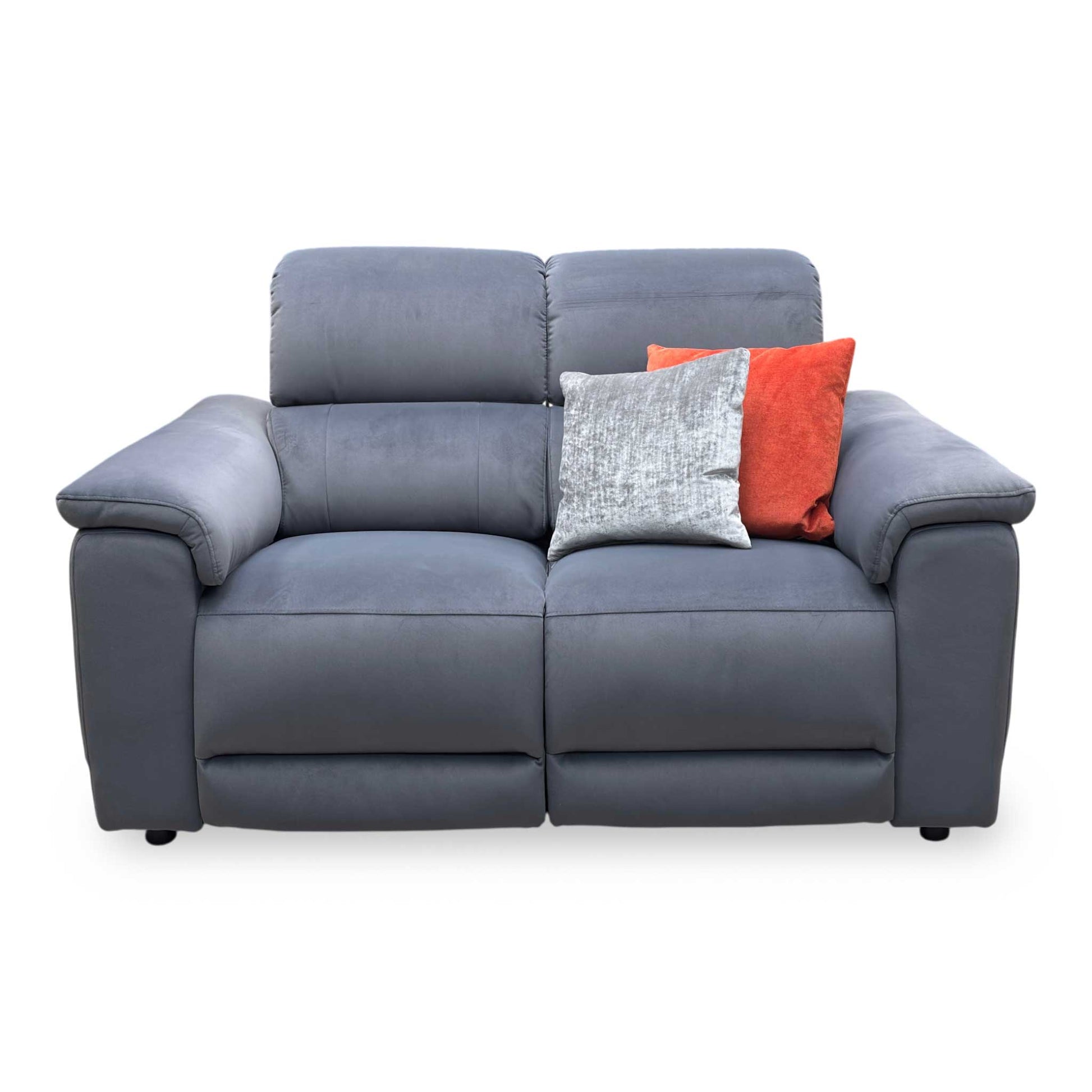 Front view of the Genius 2-seater power recliner sofa in Bella Iron Grey fabric, showcasing its sleek contemporary silhouette, high-back design, and clean tailored track arms.