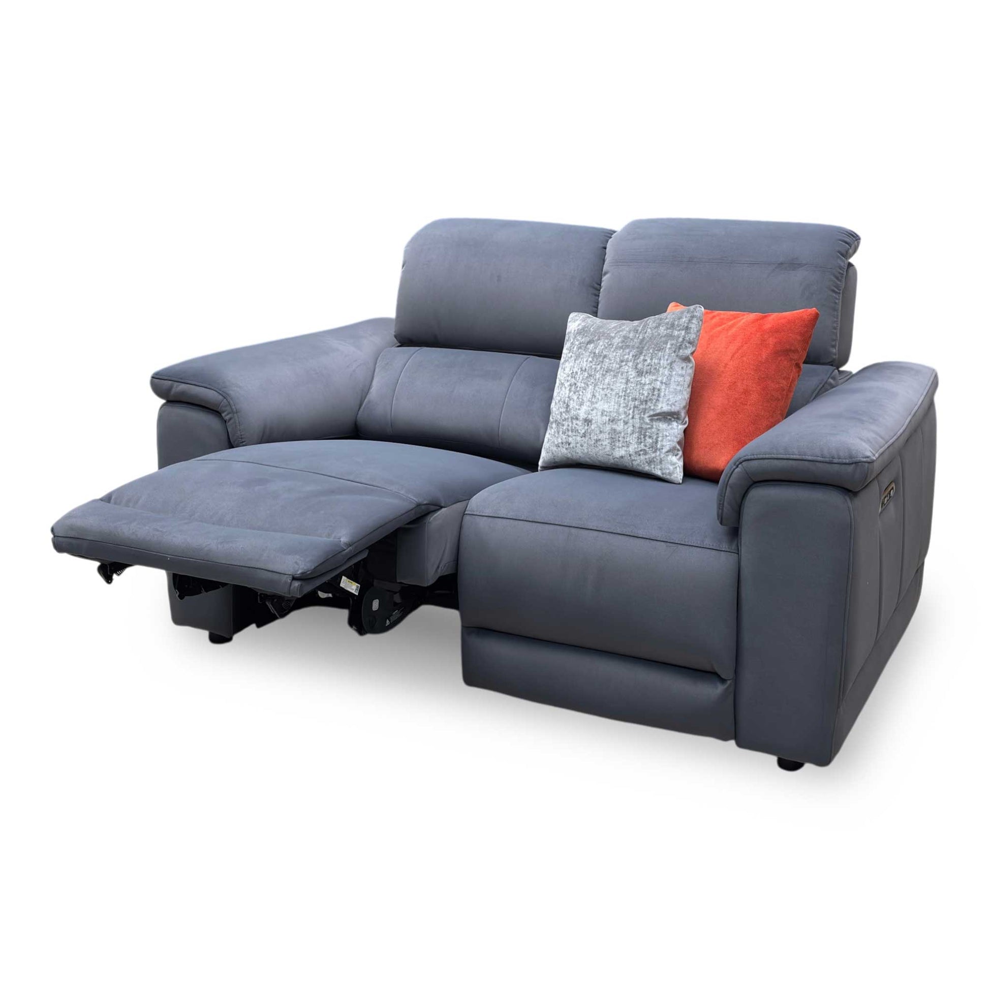 Side view of the Genius fabric power recliner sofa frame, illustrating the supportive armrest cushioning profile and the backrest wall clearance required for a full recline.