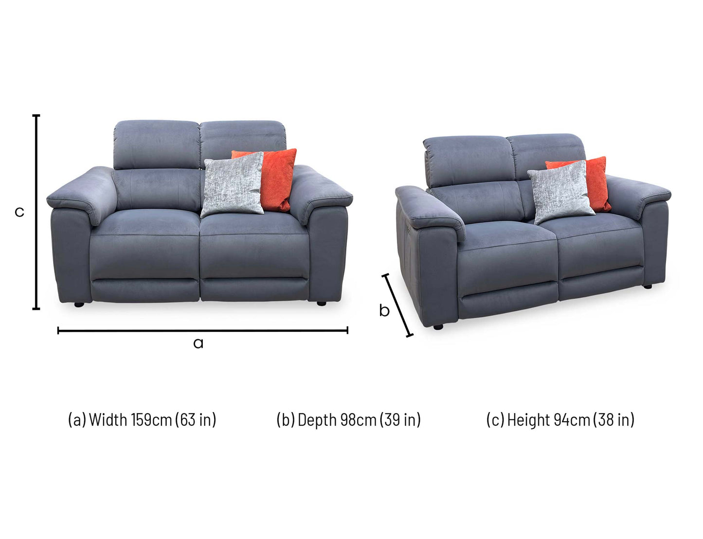 Technical dimension graphic for the Genius 2-seater power recliner fabric sofa, indicating precise total frame width, overall height, seating depth, and fully extended length.