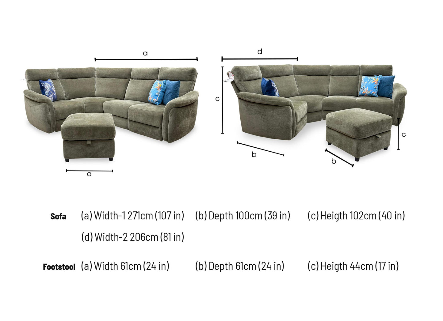 ‘Dublin’ Bianca Olive Green Fabric Right Hand Facing Corner Sofa + Storage Footstool