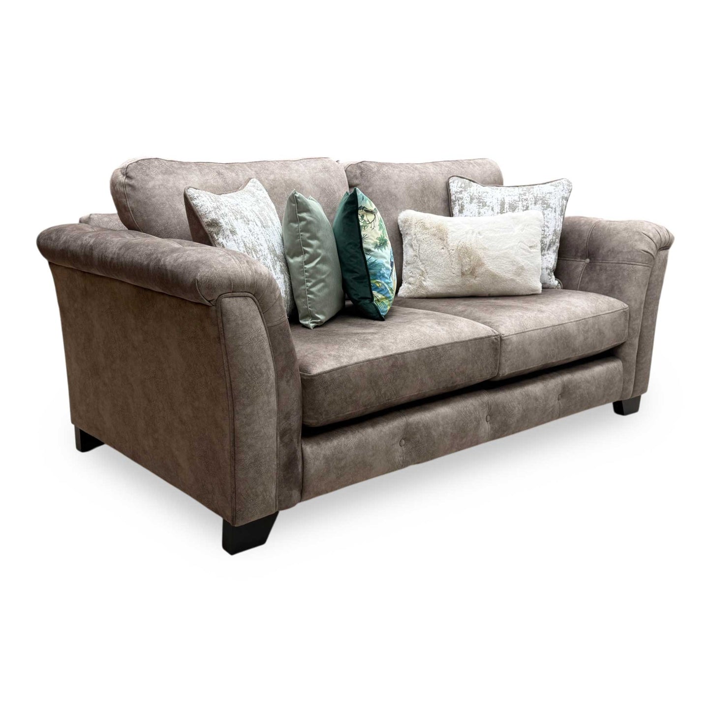 Full view of the Aura 3-seater classic back sofa in Kenzo Chocolate Brown, showcasing its deep tailored seating, robust frame silhouette, and matching accent scatter cushions.