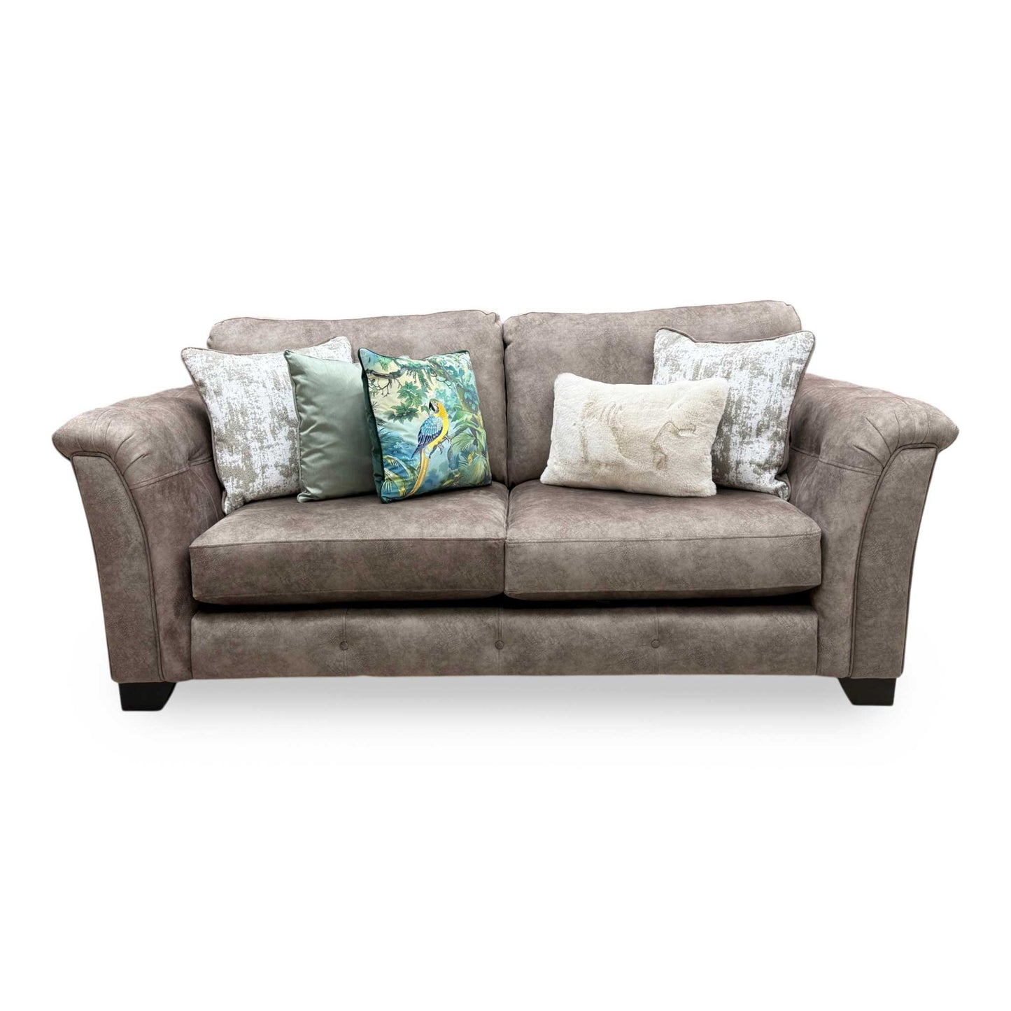 Front view of the Aura 3-seater classic back sofa in Kenzo Chocolate Brown, showcasing its deep tailored seating, robust frame silhouette, and matching accent scatter cushions.