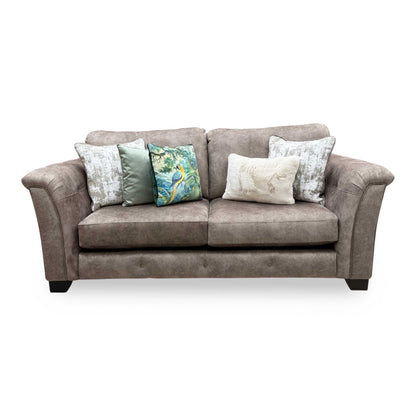 Front view of the Aura 3-seater classic back sofa in Kenzo Chocolate Brown, showcasing its deep tailored seating, robust frame silhouette, and matching accent scatter cushions.