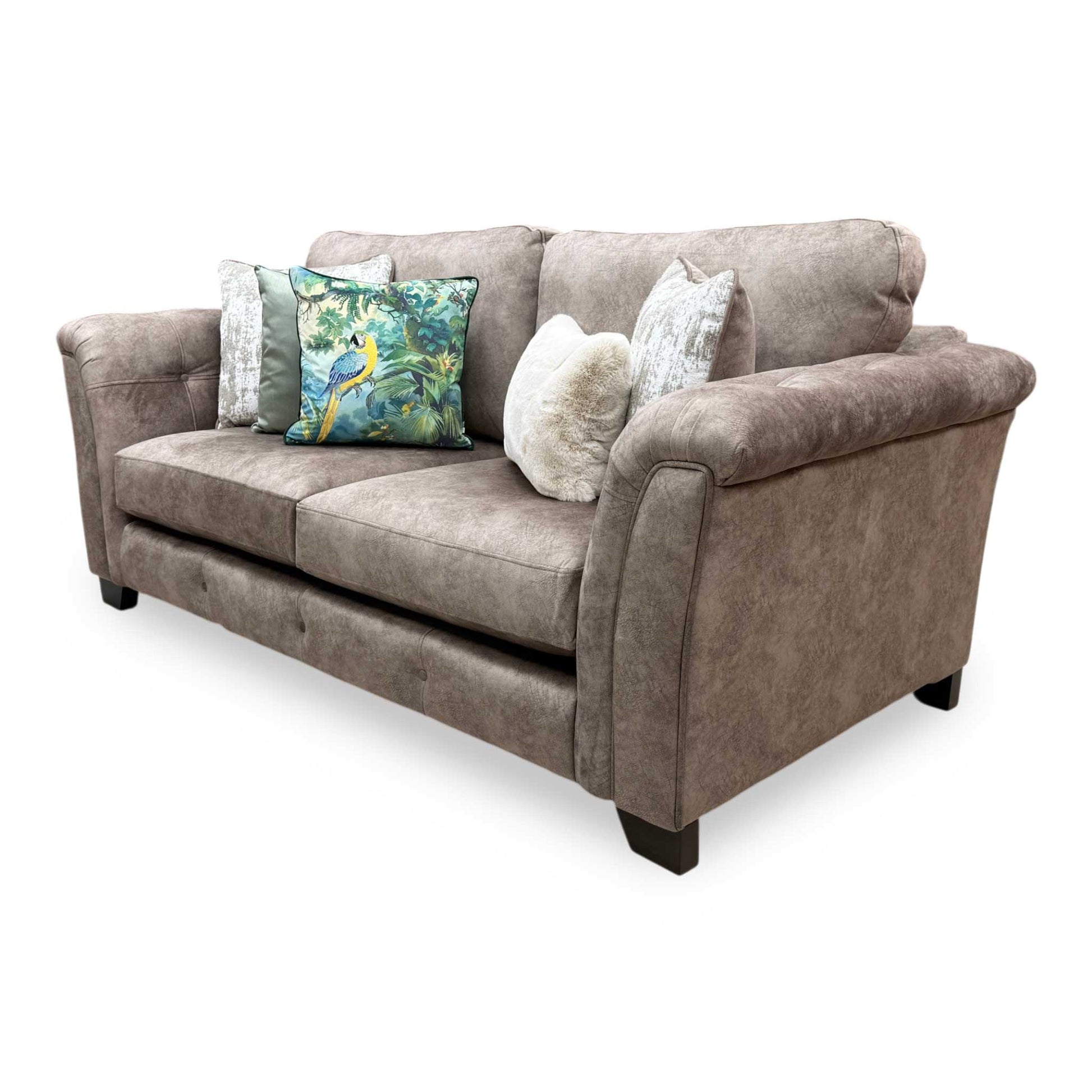 Side view of the Aura fabric sofa frame, showing the clean lines of the armrest, upright backrest support angle, and solid foundational low-profile feet.