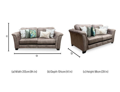 Technical dimension graphic for the Aura classic back 3-seater fabric sofa, indicating precise total frame width, overall height, cushion depth, and floor clearance.
