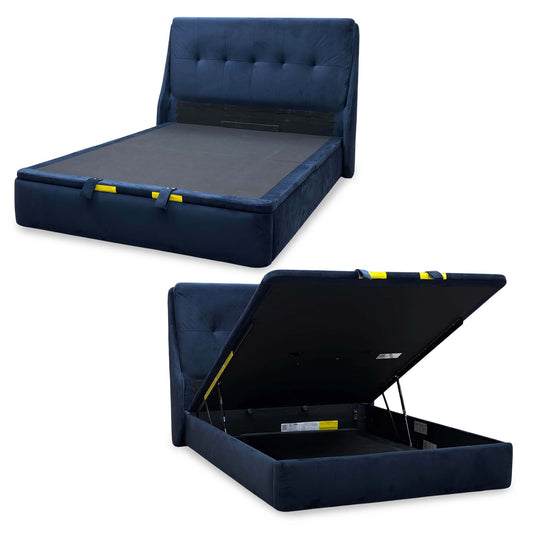 ‘Zanetti’ Tiffany Deep Blue Fabric End Lift Ottoman Bed Frame - King