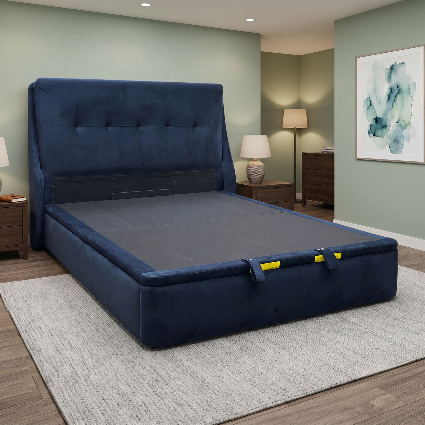 ‘Zanetti’ Tiffany Deep Blue Fabric End Lift Ottoman Bed Frame - King