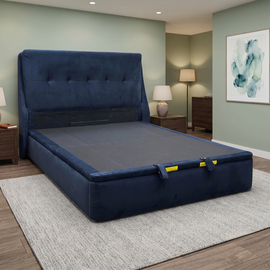 ‘Zanetti’ Tiffany Deep Blue Fabric End Lift Ottoman Bed Frame - King