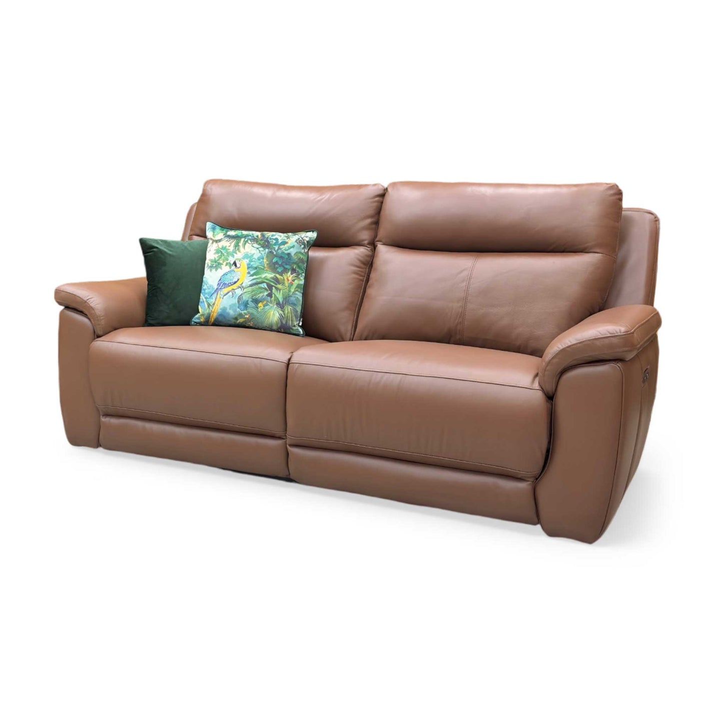 Side view of the Bobby tan leather power recliner frame, illustrating the thick armrest padding profile and the backrest clearance space required for a full recline.