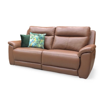 Side view of the Bobby tan leather power recliner frame, illustrating the thick armrest padding profile and the backrest clearance space required for a full recline.