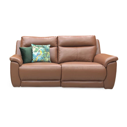 Front view of the Bobby 3-seater power recliner sofa in tan brown leather, showcasing its classic padded silhouette, prominent lumbar support cushions, and rich warm tones.