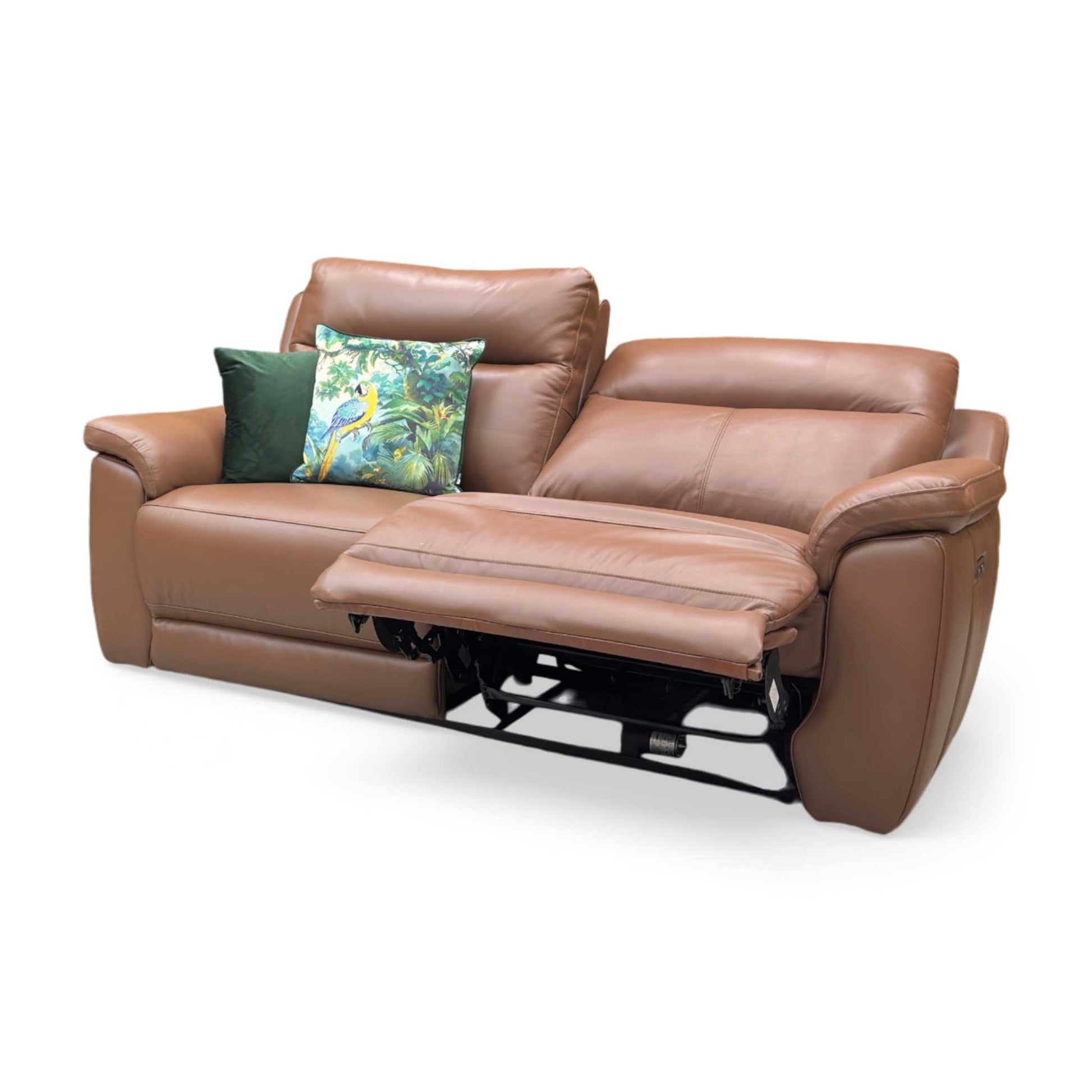 Side view of the Bobby tan leather power recliner frame, illustrating the thick armrest padding profile and the backrest clearance space required for a full recline.