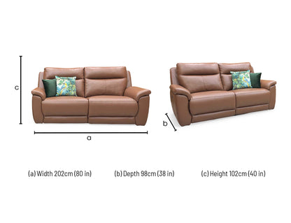 Technical dimension graphic for the Bobby 3-seater power recliner leather sofa, indicating precise total frame width, overall height, seating depth, and fully extended length.