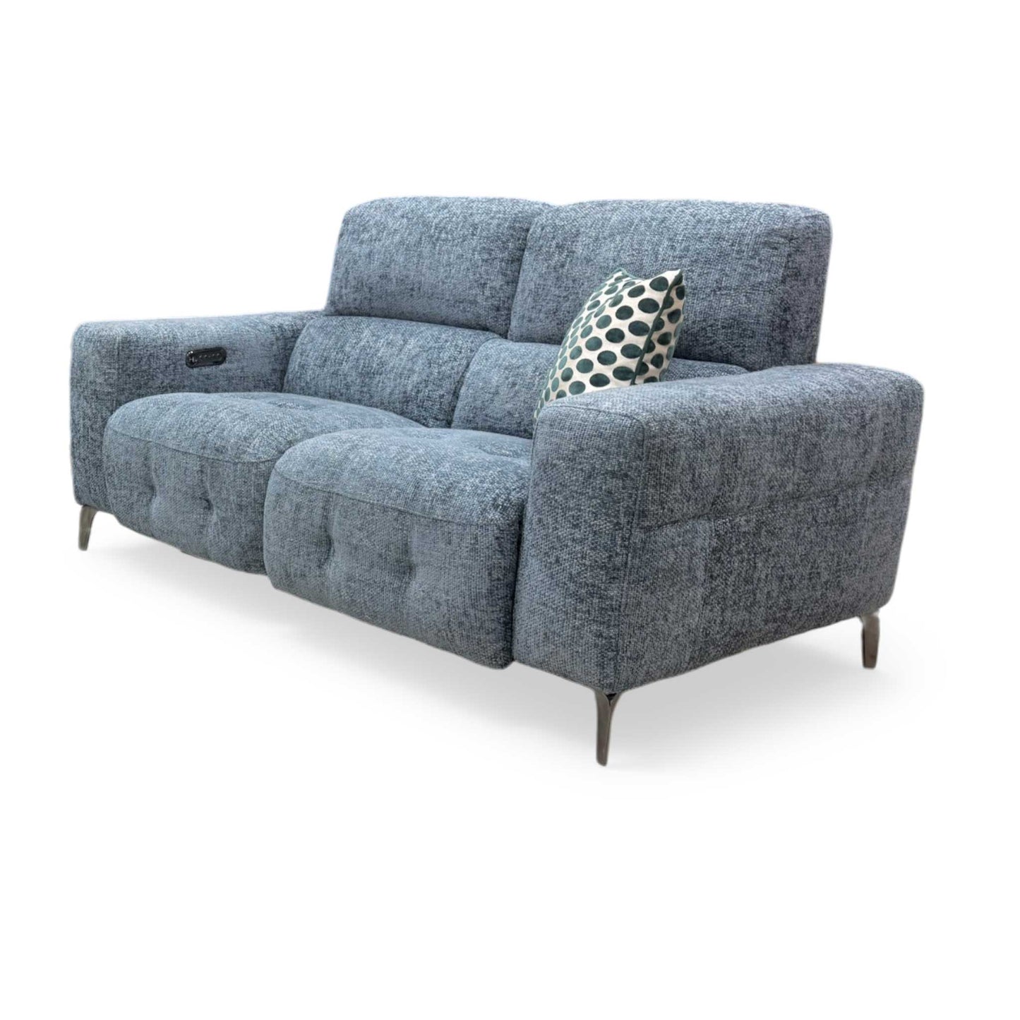 Side view of the New York fabric power recliner sofa frame, illustrating the supportive armrest padding profile and wall clearance required for a full recline.