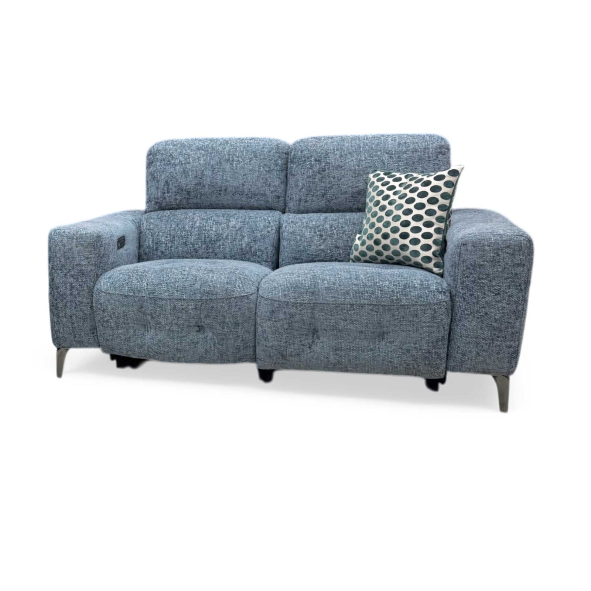 Front view of the New York 2-seater power recliner sofa in silverish blue fabric, showcasing its modern compact silhouette, deeply padded back cushions, and sleek track arms.