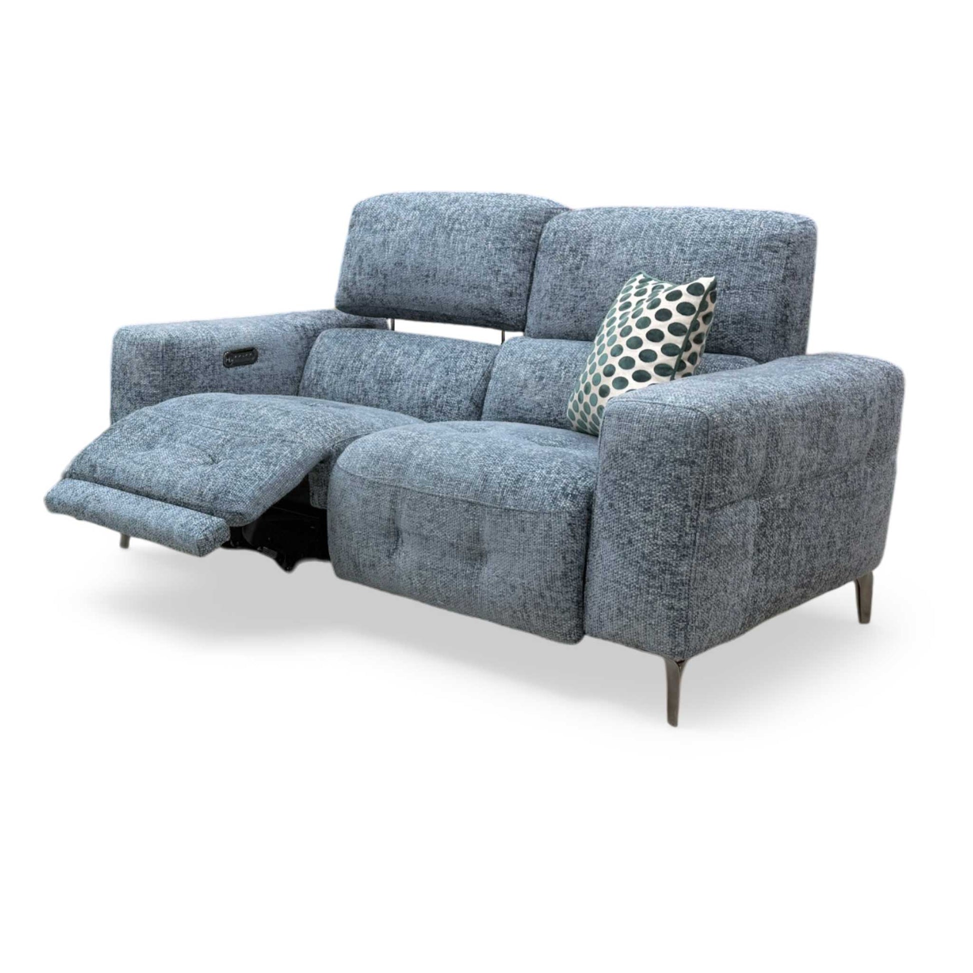 Side view of the New York fabric power recliner sofa frame, illustrating the supportive armrest padding profile and wall clearance required for a full recline.
