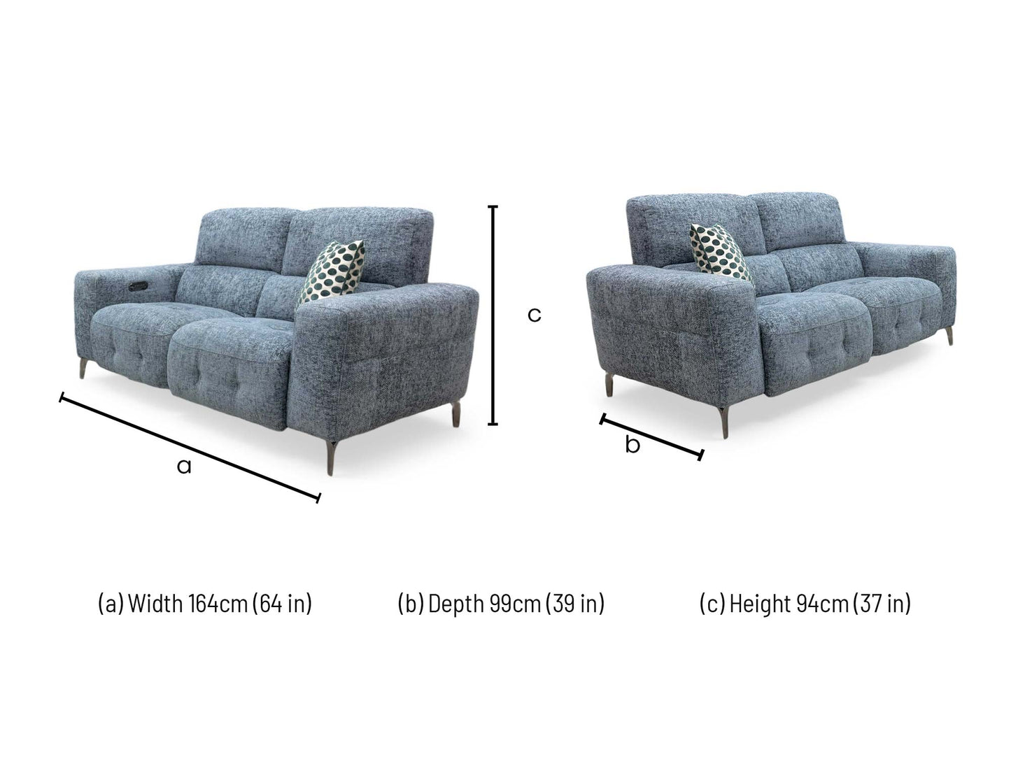 Technical dimension graphic for the New York 2-seater power recliner fabric sofa, indicating precise total frame width, overall height, seating depth, and fully extended length.