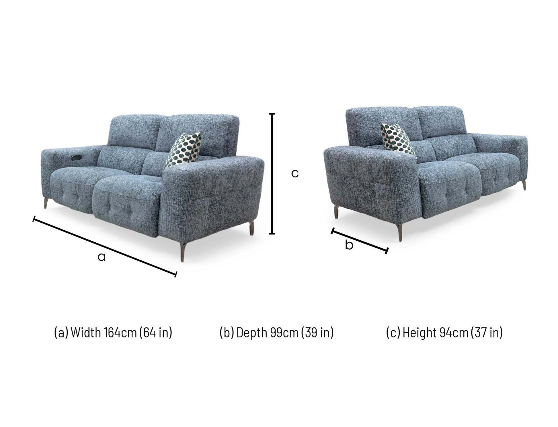 Technical dimension graphic for the New York 2-seater power recliner fabric sofa, indicating precise total frame width, overall height, seating depth, and fully extended length.