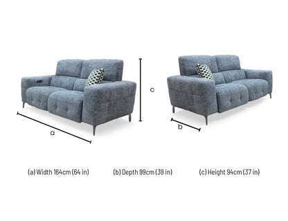 Technical dimension graphic for the New York 2-seater power recliner fabric sofa, indicating precise total frame width, overall height, seating depth, and fully extended length.