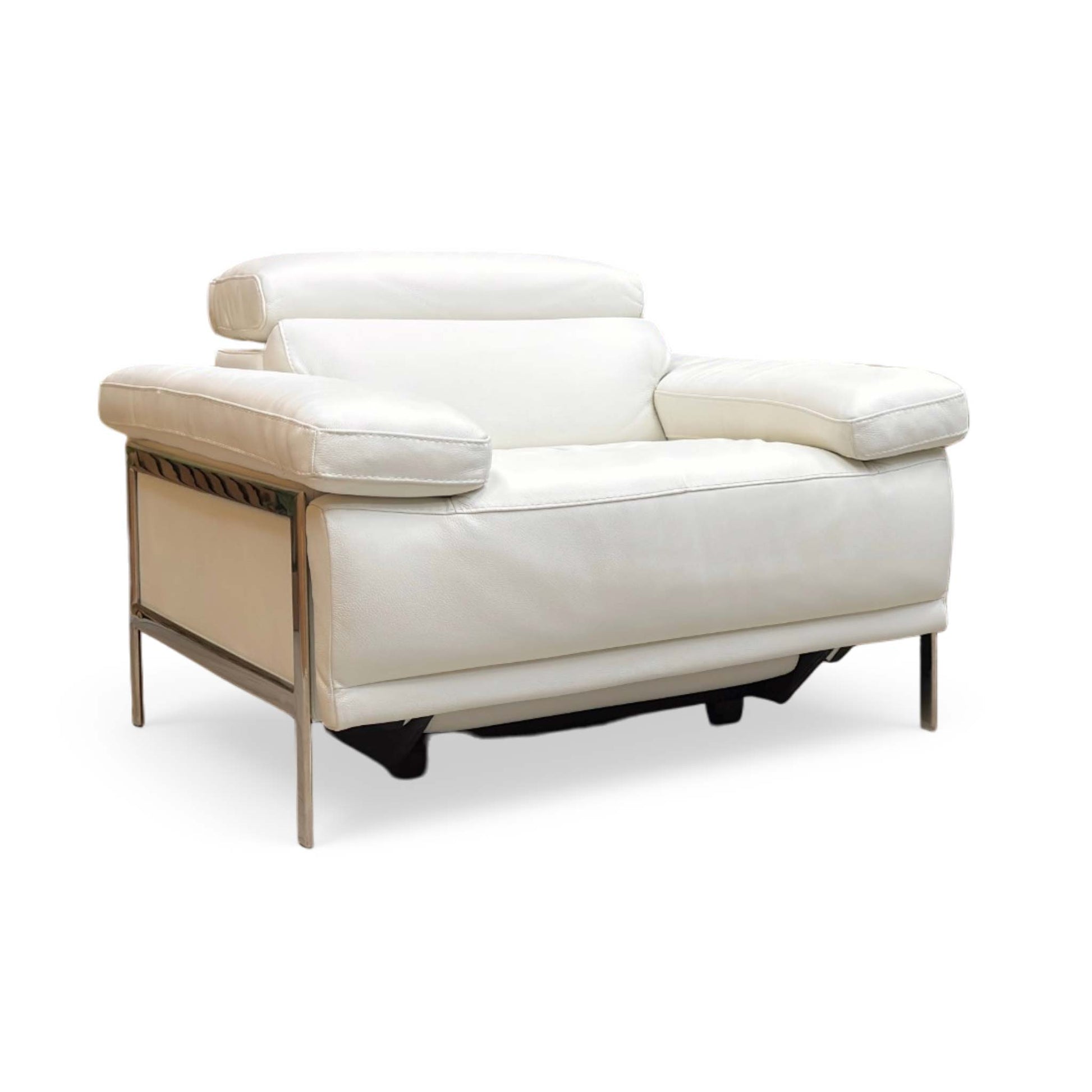 Side view of Nicoletti Theron Torello luxury white leather recliner chair styled in a modern living room setting. The designer Italian armchair is paired with contemporary home decor, an accent rug, and ambient lighting to illustrate upscale interior styling.