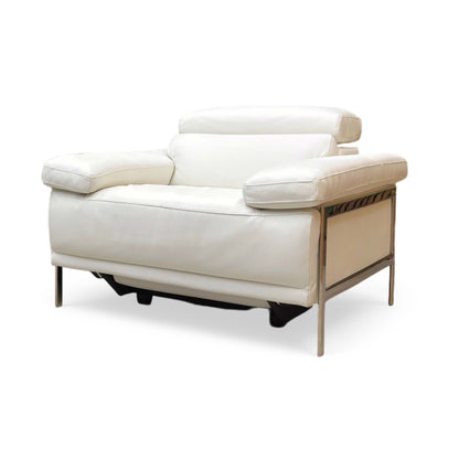 Side view of Nicoletti Theron Torello luxury white leather recliner chair styled in a modern living room setting. The designer Italian armchair is paired with contemporary home decor, an accent rug, and ambient lighting to illustrate upscale interior styling.