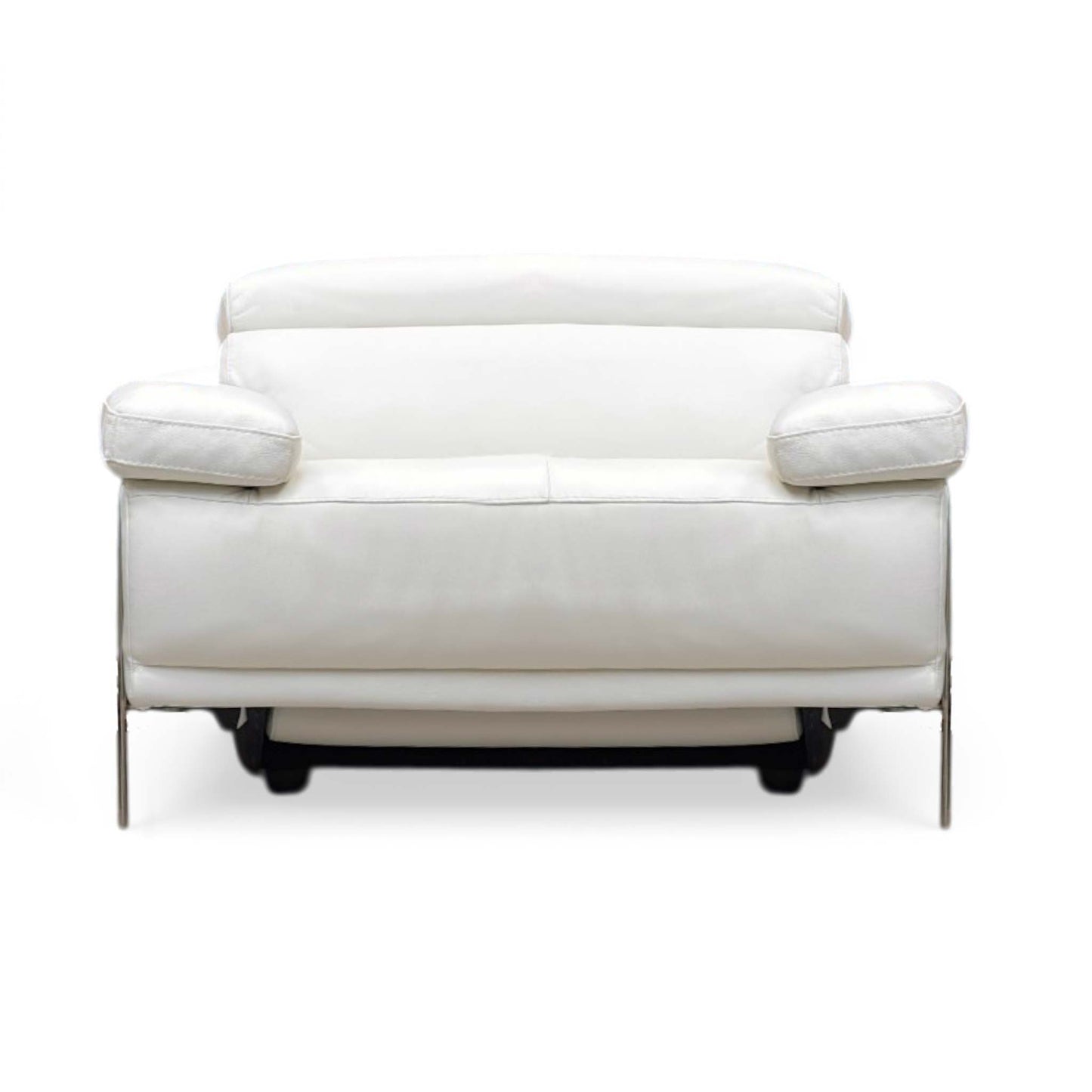 Front view of Nicoletti Theron Torello luxury white leather power reclining armchair. Shows the fully upholstered, clean-finished leather back panel, demonstrating a premium 360-degree aesthetic suitable for open-concept floor plans and center-room placement.